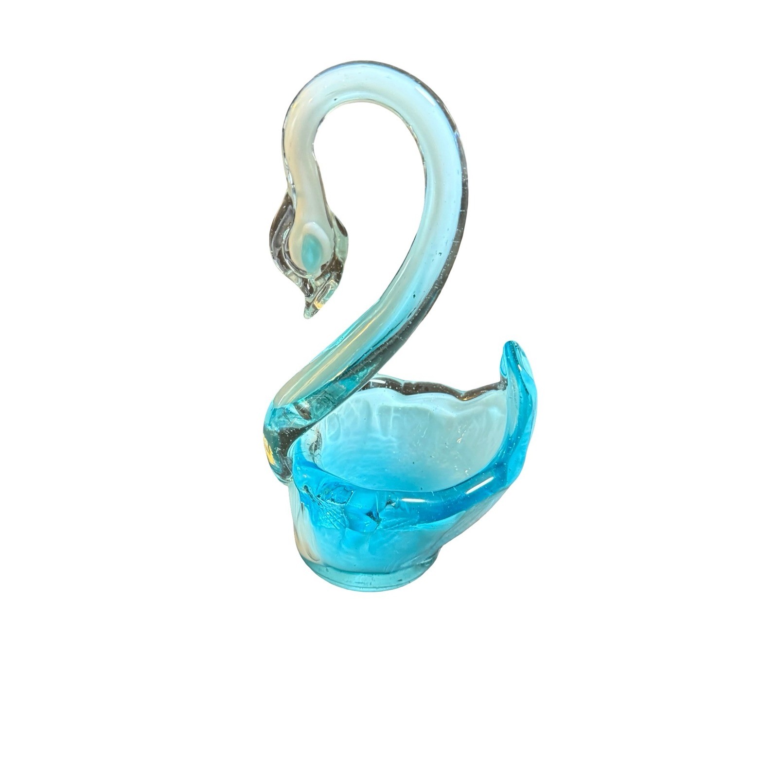 Vintage Hand Blown Blue White Art Glass Swan Figurine Trinket Dish Murano Style
