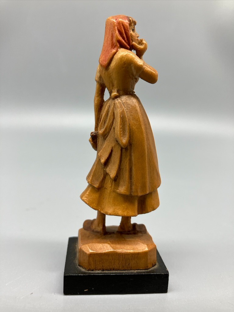 VINTAGE ANRI CARVED WOODEN FIGURINE STANDING GIRL WITH SPOON 3 1/4 INCHES TALL