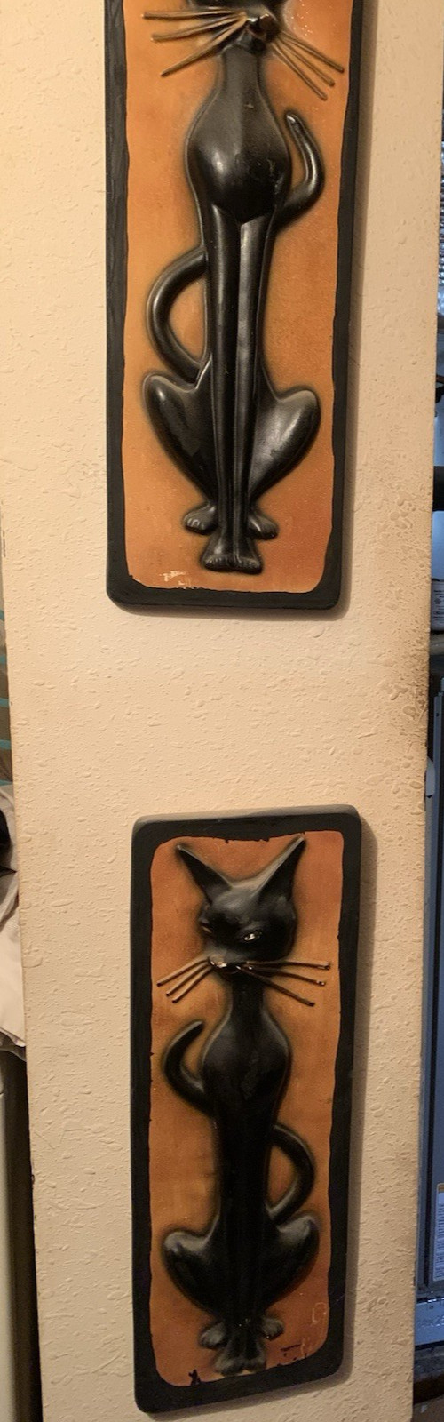 Rare Vtg MCM Pair Cats Black Gold Chalkware Plaques Universal Statuary 20″