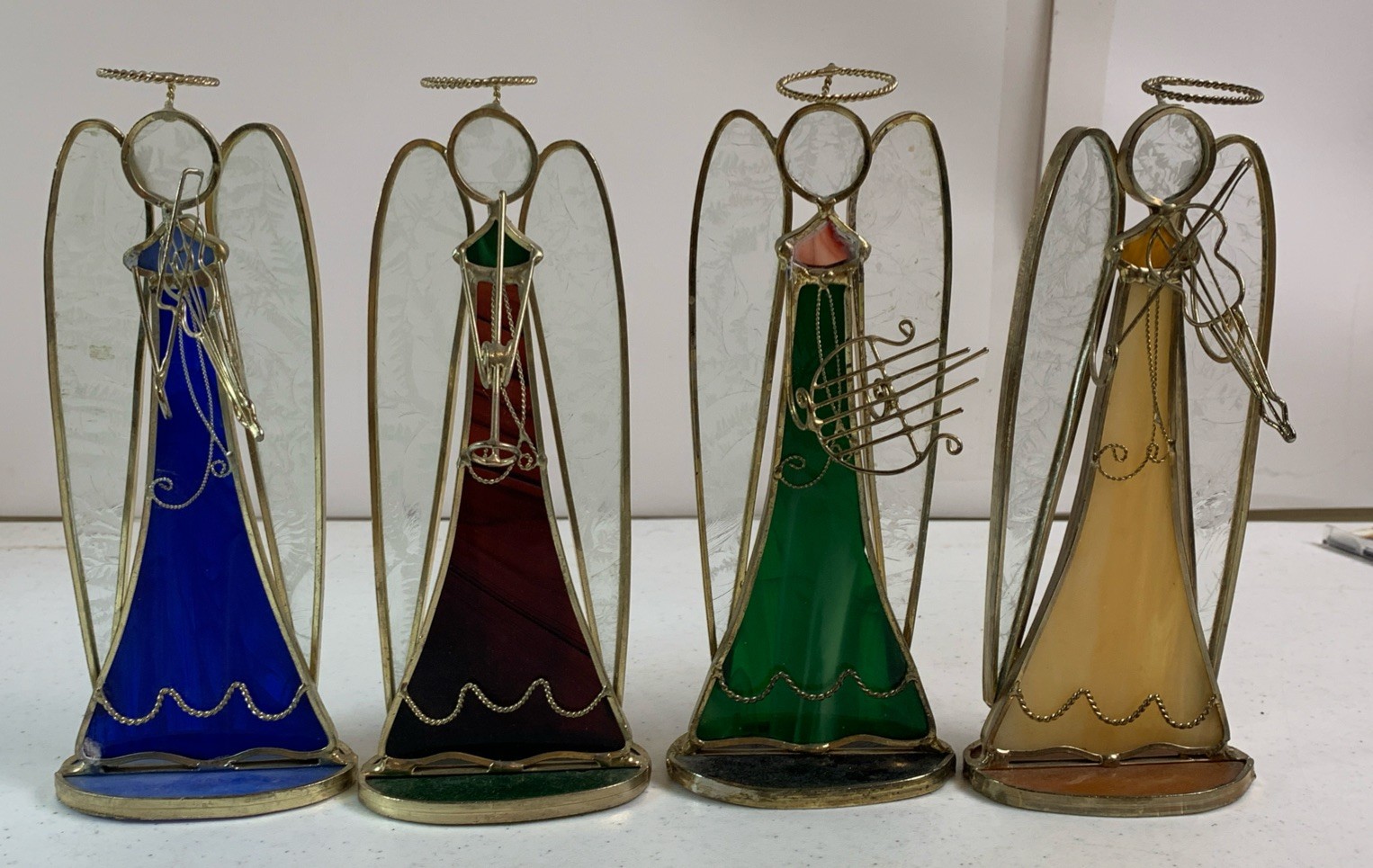 Lot Of 4 Stained Glass Angel 7 1/2” Free Standing Holding Musical Instruments