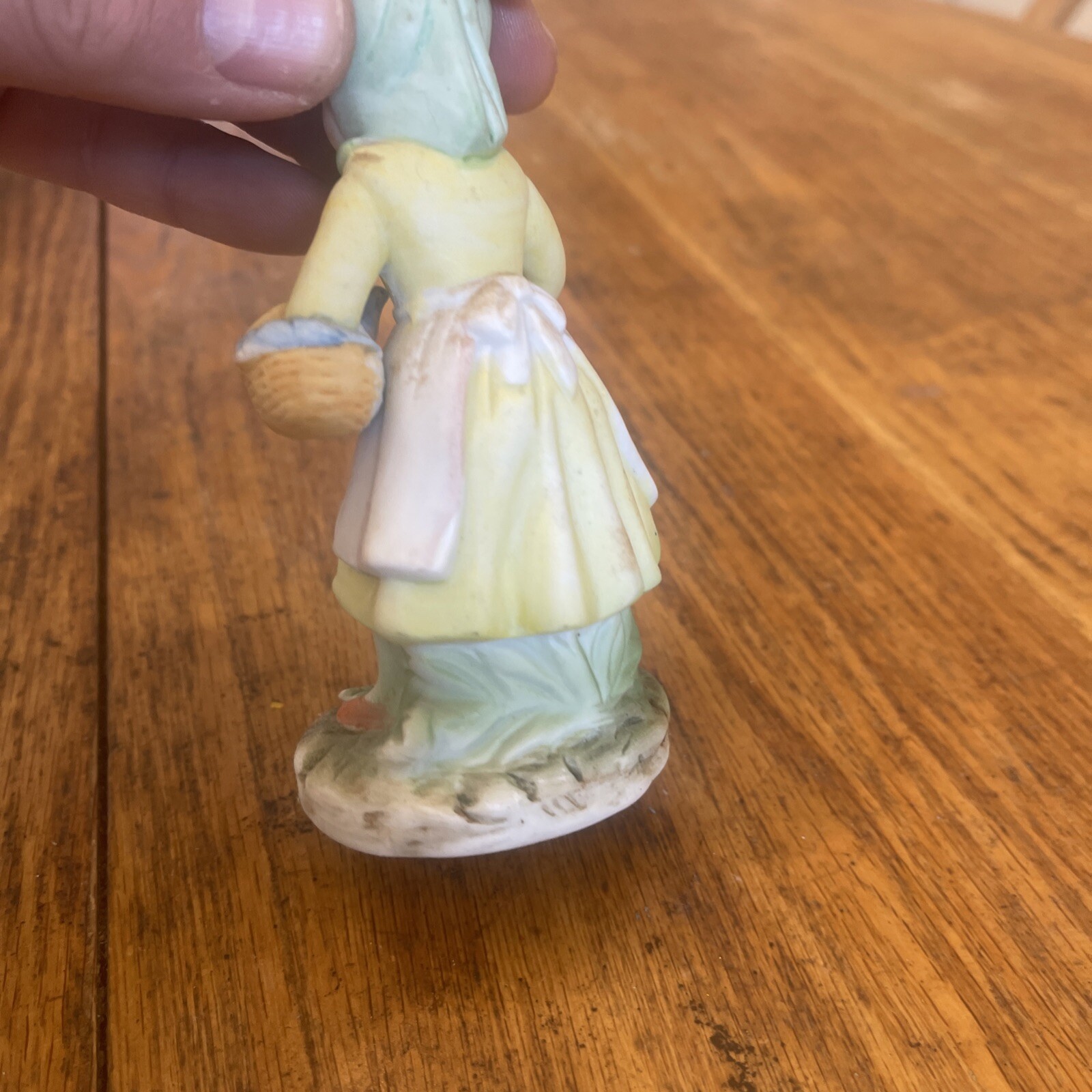Porcelain Figurine Woman Holding Basket With Bird In Hand Flowers On Base
