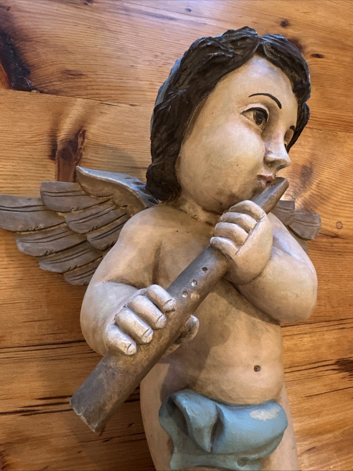 Antique Hand Carved Painted Wood Large Angelic Cherub Putti Sculpture 18″