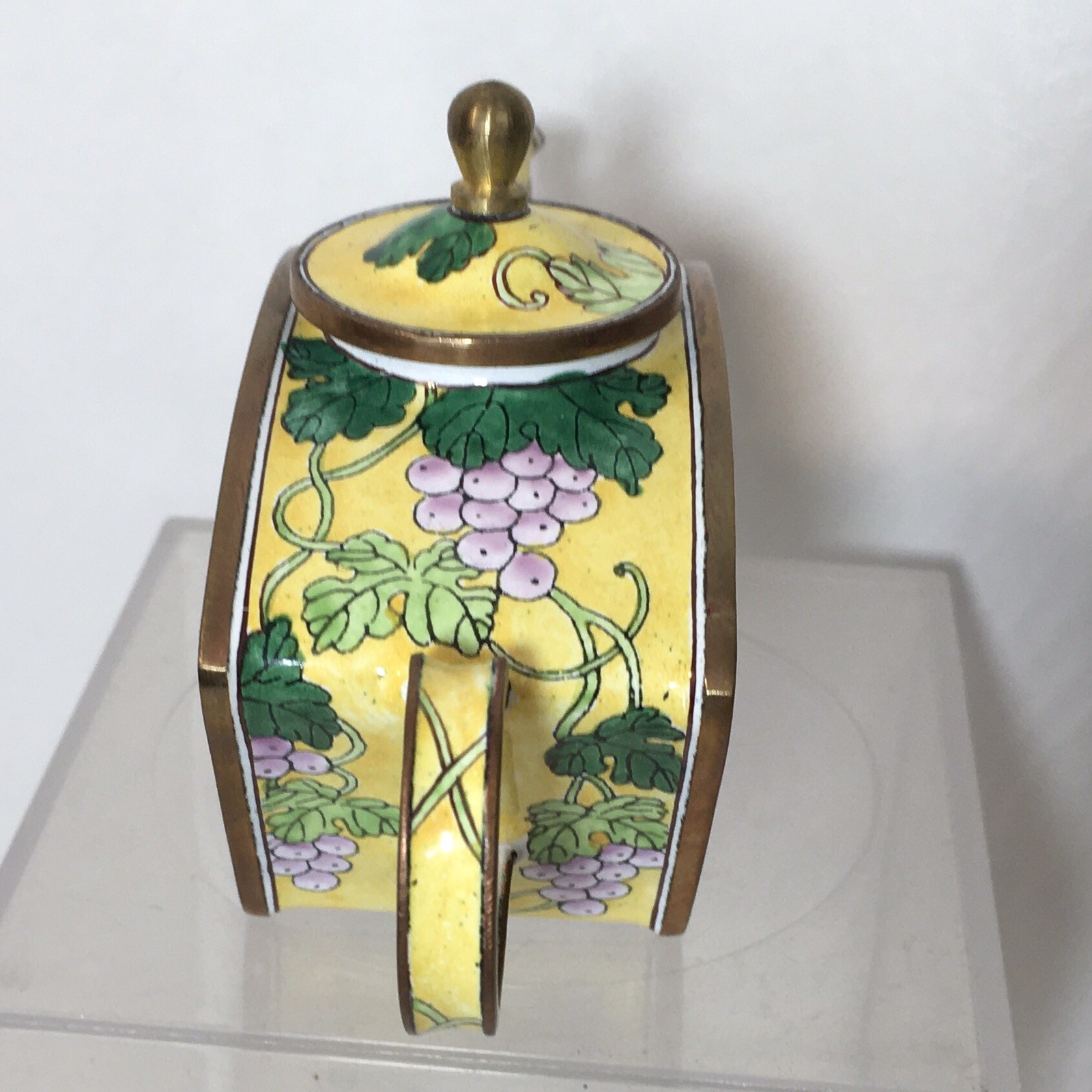 Vintage Kelvin Chen Handpainted Copper Enamel Teapot Hummingbird Grapes