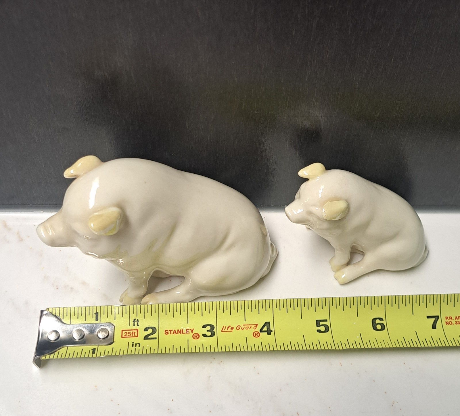 Vintage 2 Belleek Irish Porcelain Seated Pigs 1 Big & 1 Small Figurines