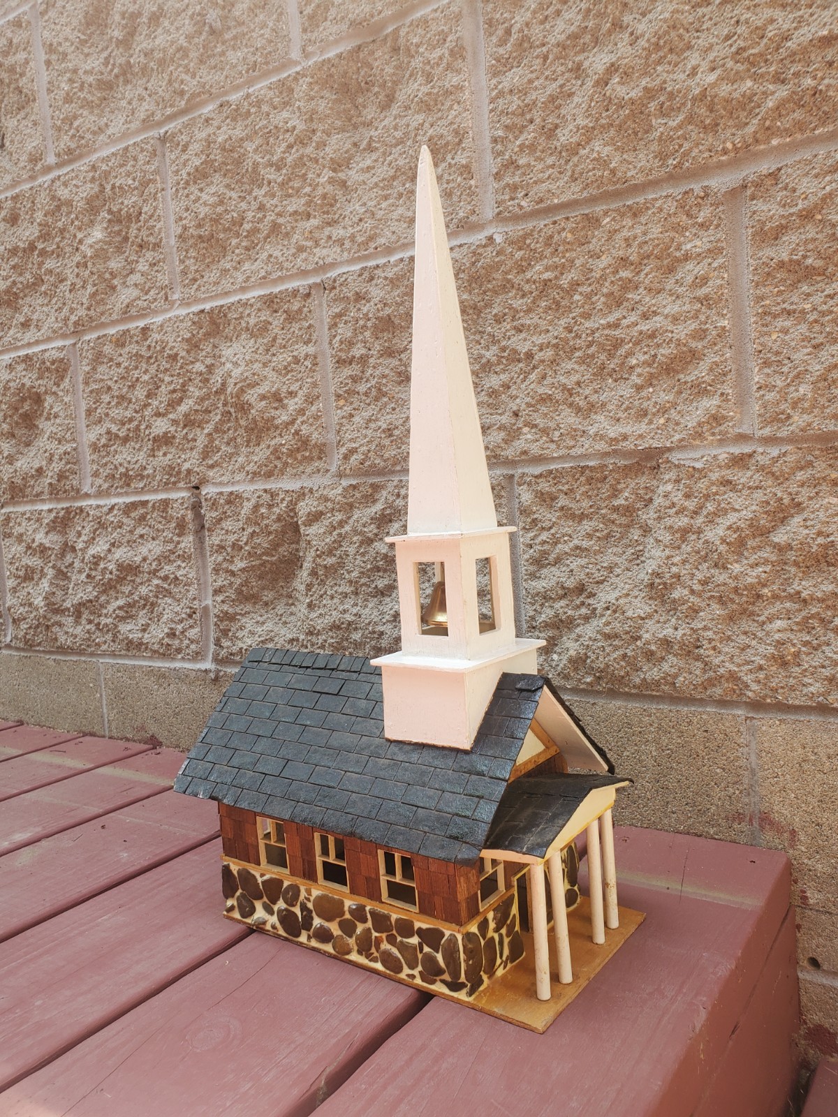 1950s Handmade Folk Art Wood & Stone Church Removable 20″ Bell Steeple Christmas