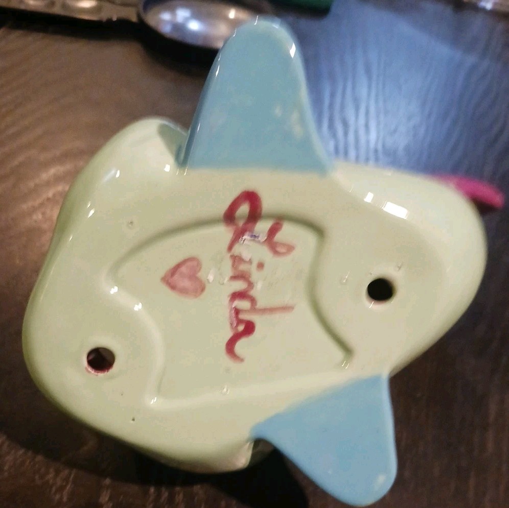 Ceramic Multi Colored Open Mouth Fish Figurine Signed Cute Sponge Or Soap Holder