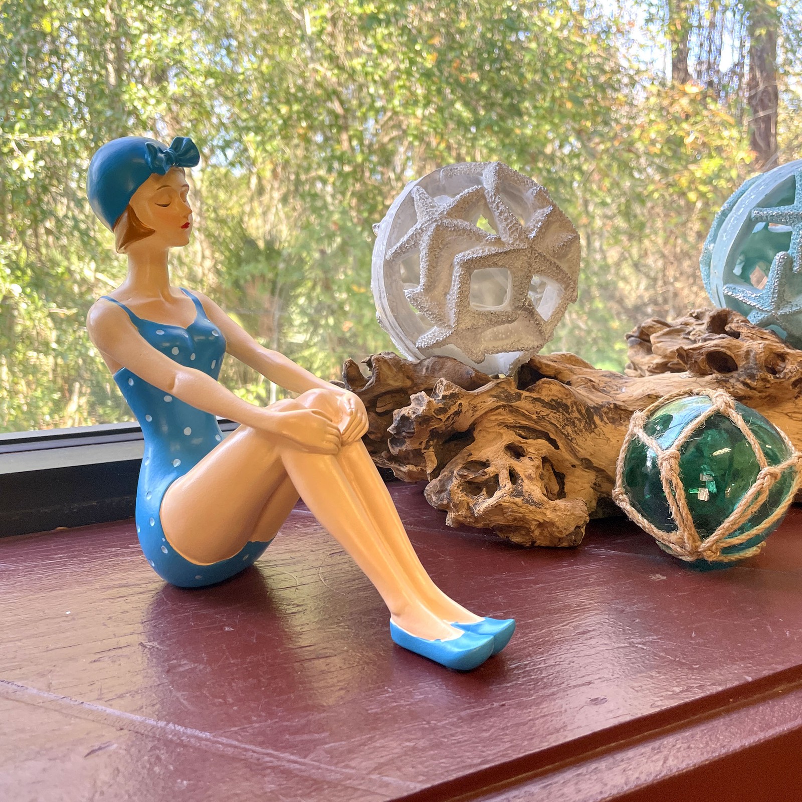 Retro Beach Beauty Sunbathing Figurine Aegean Blue Polka Dot Pinup 7.5 inch