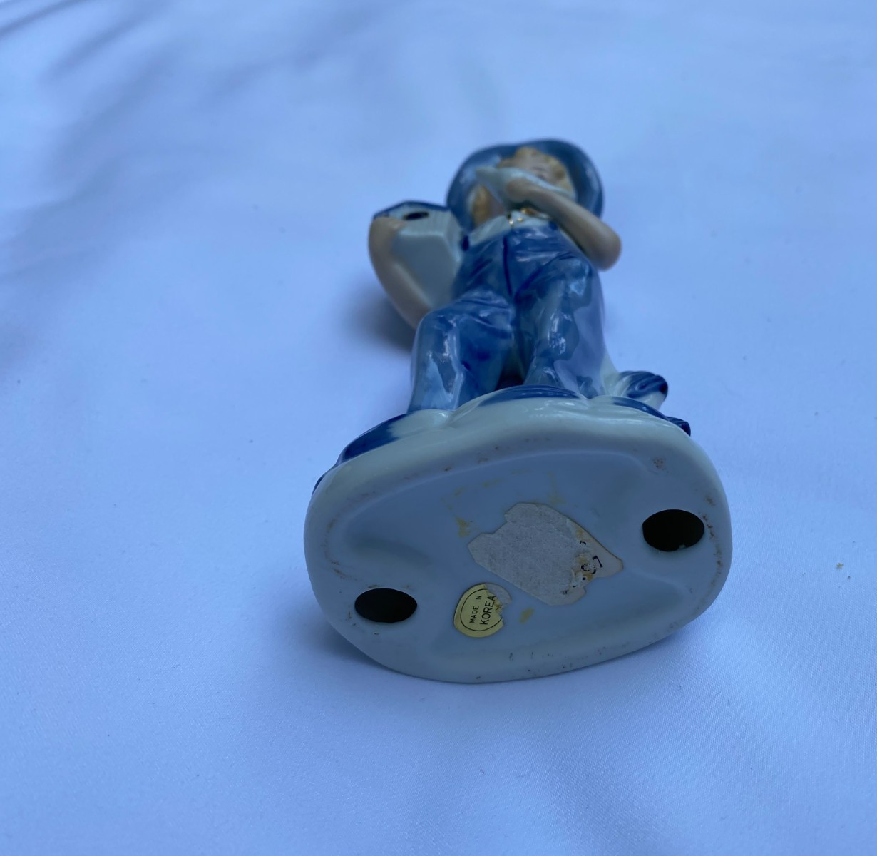 Vintage Figurine Porcelain Little Farm Boy Hat Bird House Dove White Blue Gold