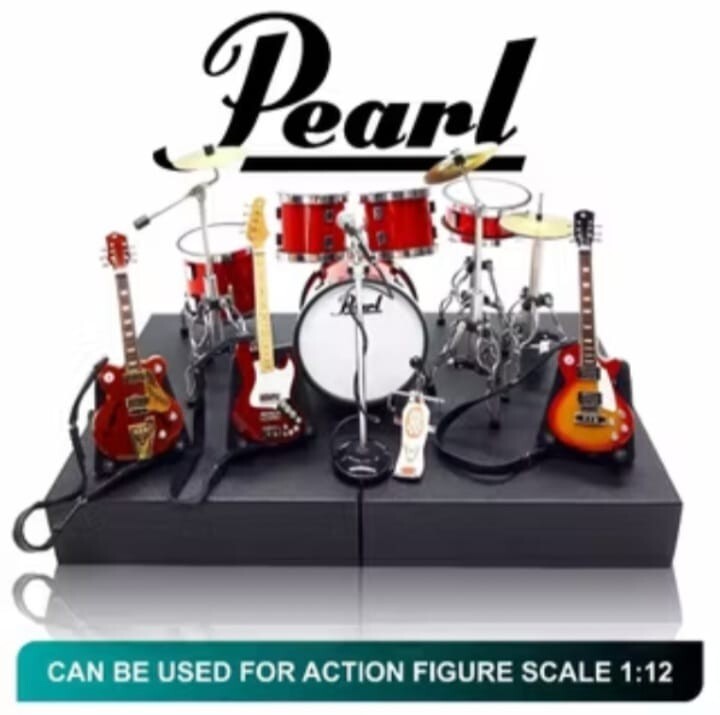 Exclusive 1/12 Scale Pearl Red Drum And Guitar Miniature Full Set