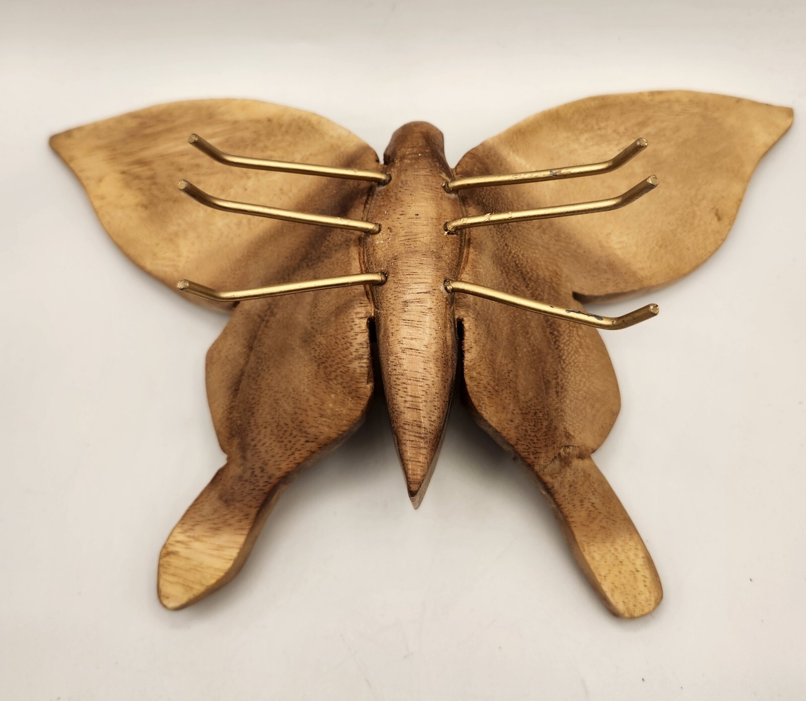 Carved Wood Butterfly Metal Gold Tone Legs Boho Decor