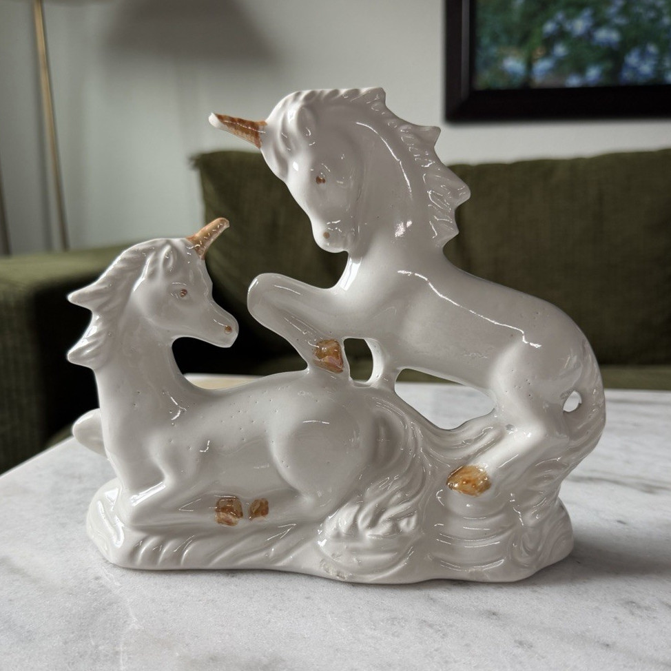 White & Gold Glazed Ceramic Unicorn Figurine 10in L x 7in H