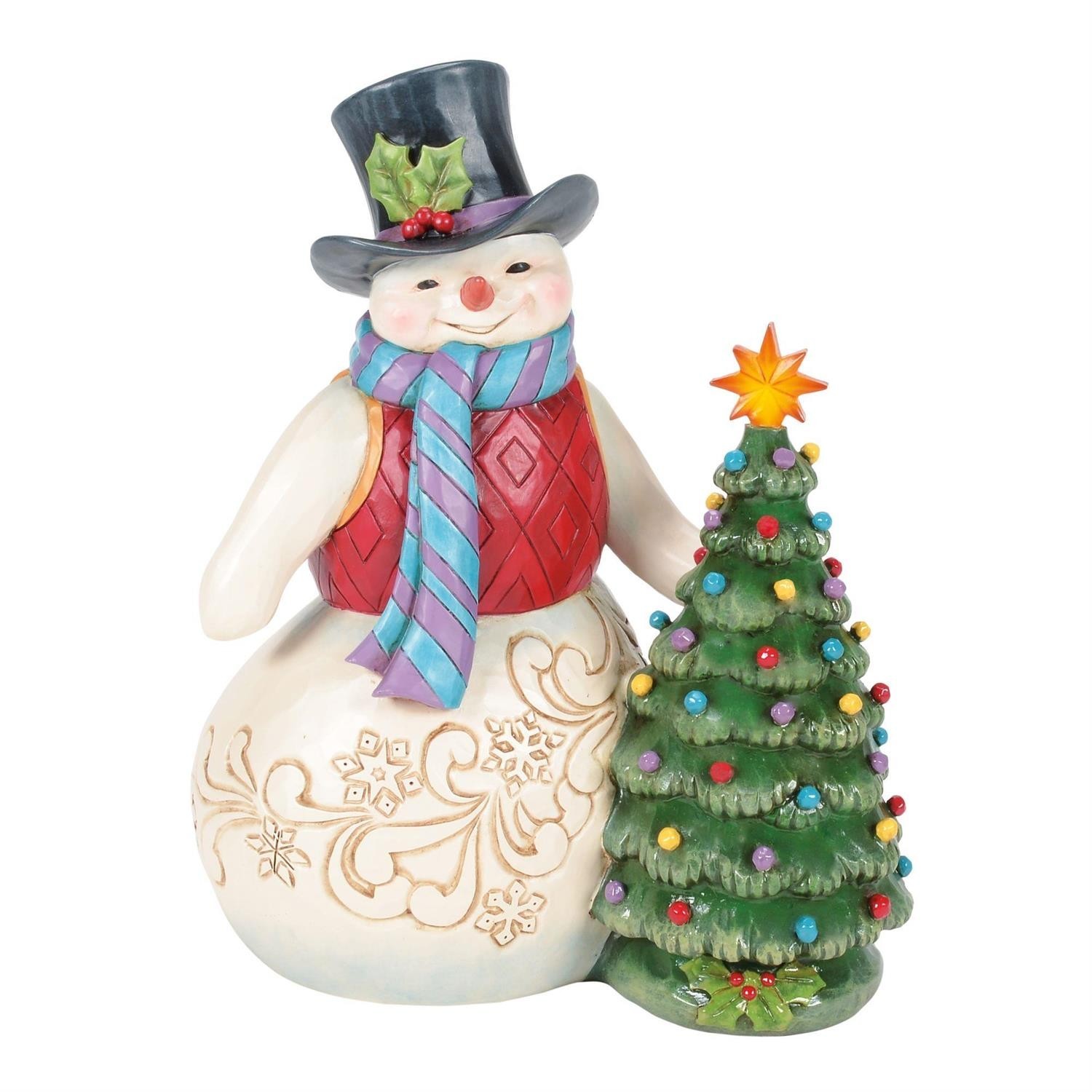 Jim Shore Snowman Statue with Vintage LED Tree 21.5 cm high Star Lights Up Retro