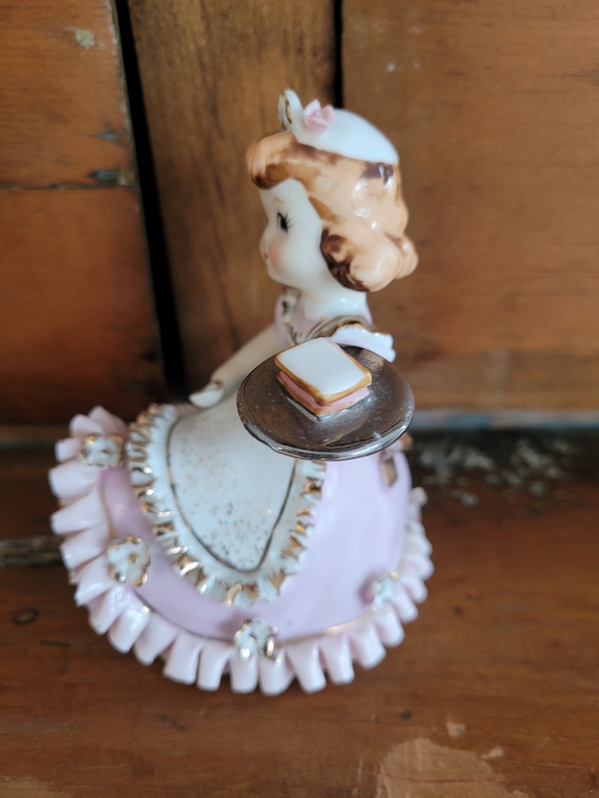 Vintage Lefton Waitress Bloomer Girl Figurine Gold Trim 1950’s Rare