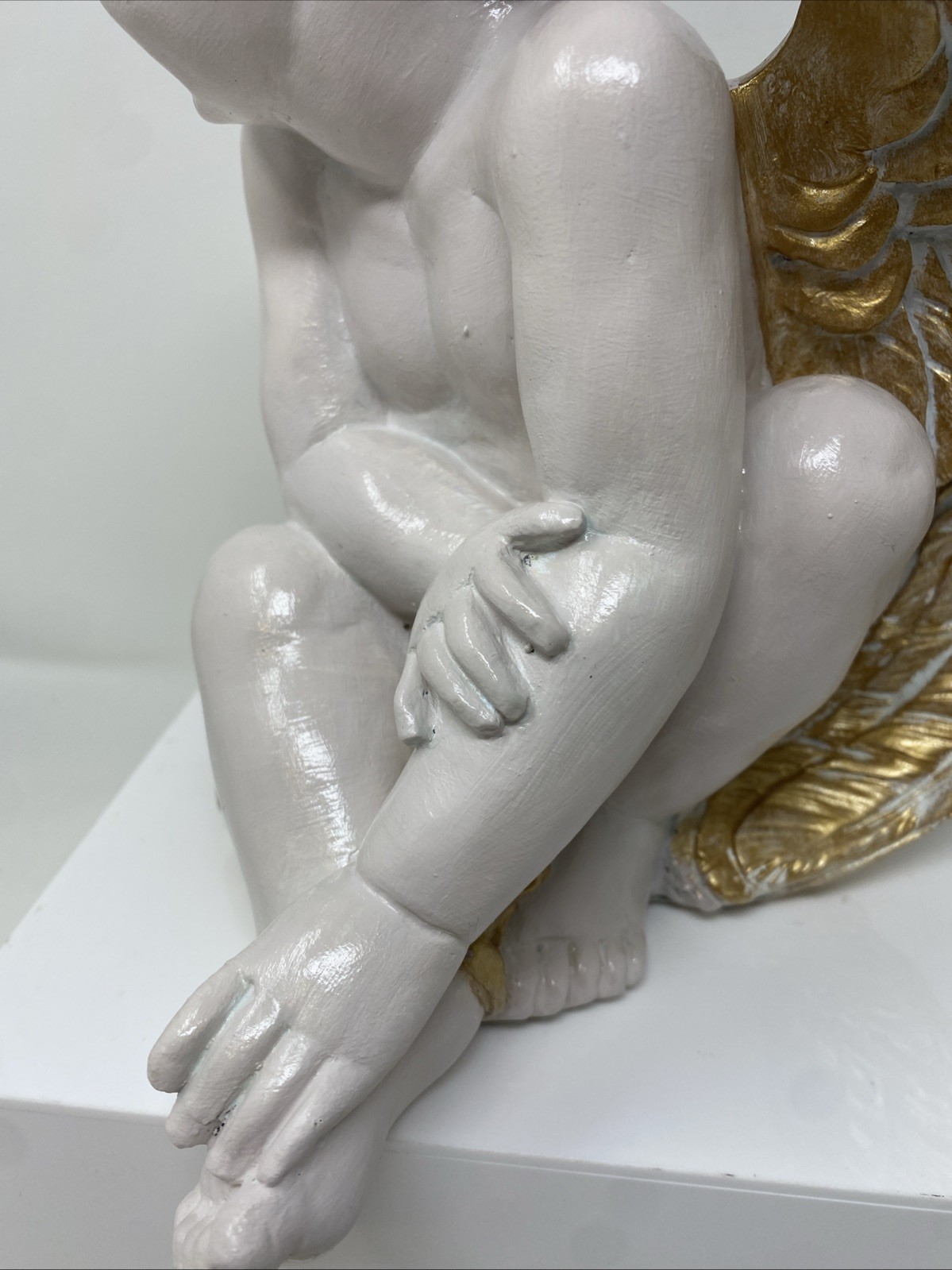 VTG Winged Cherub Angel Sitting Hand painted Gold/ White 10” H
