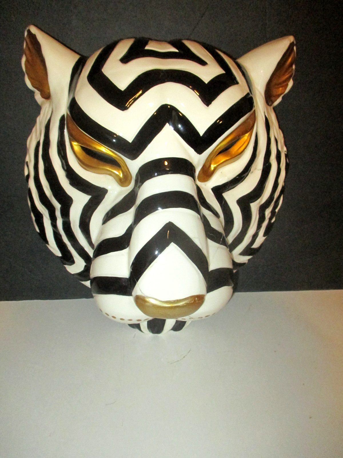 14″ WHITE TIGER BLACK/GOLD MASK SCULPTURE WALL ART HIGH QUALITY DAMAGED+STAND