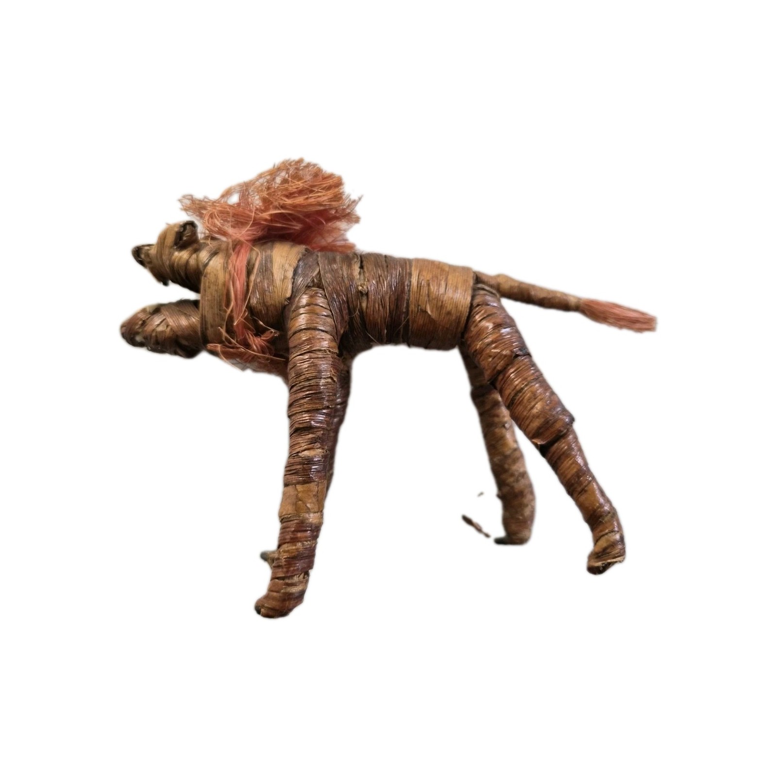 Handmade Plant Fiber Lion Figurine, Natural Finish Brown/Orange Animal Decor