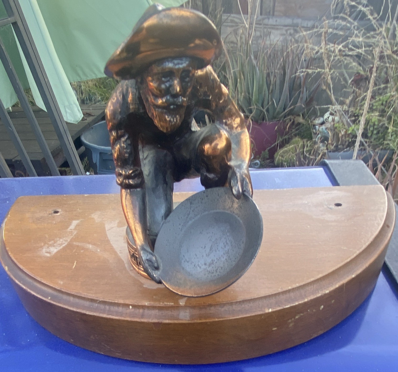 Miner/Gold Panner Man Figurine Holding Pan Wood Base Brown/Silver Metal