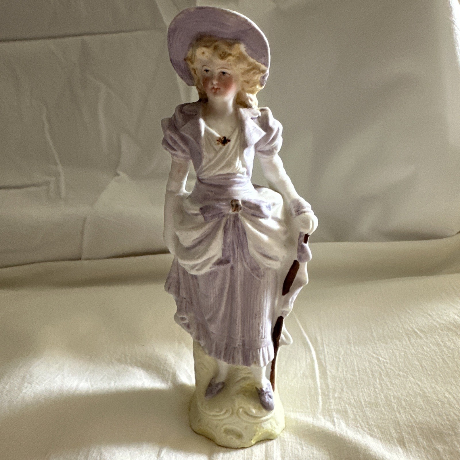 Antique Porcelain Bisque Victorian Lady In Lavender 7.75″