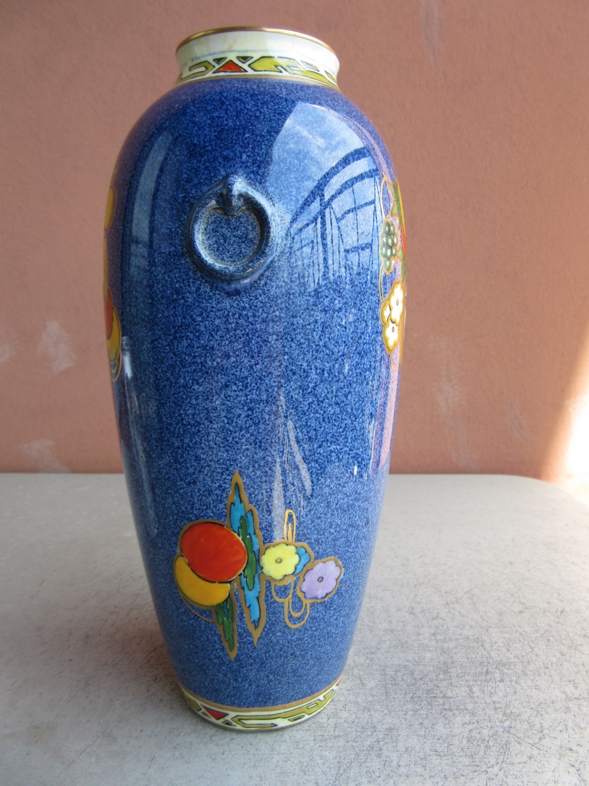 Royal Cauldon England Art Deco Mayfair Blue 9″ Fruit & Flowers Vase – #1