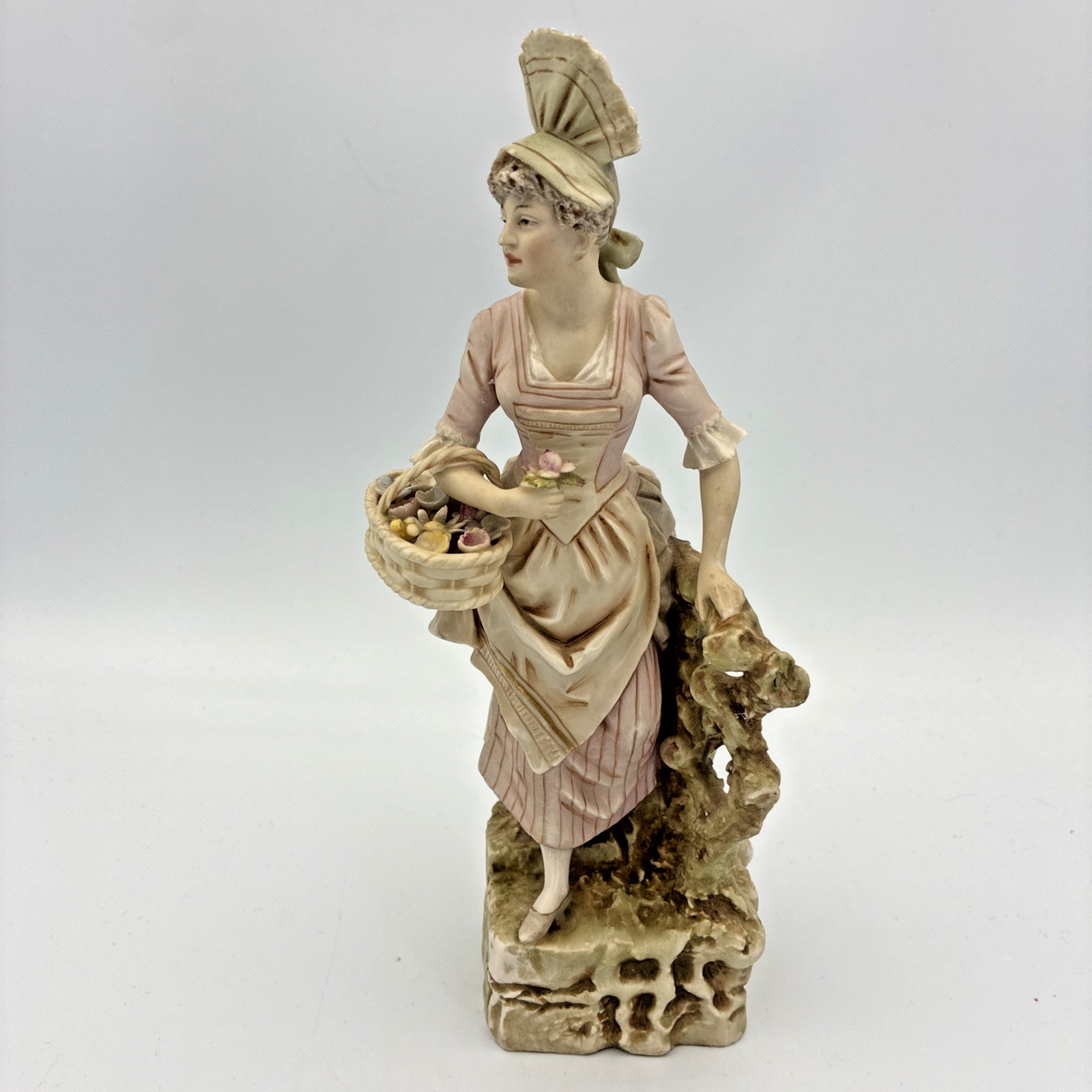 Vintage Hand Painted Porcelain Lady Figurine w Basket Flowers 8” Matte Finish