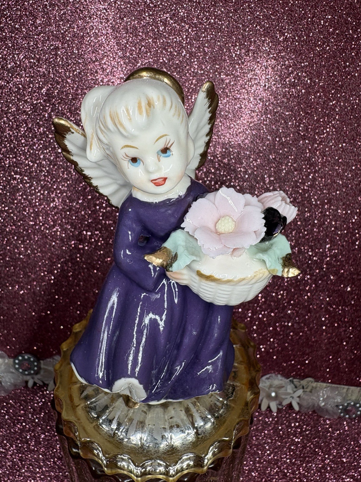 Vtg Lefton February Angel Girl With Flowers & Purple Heart Easter Figurine Japan