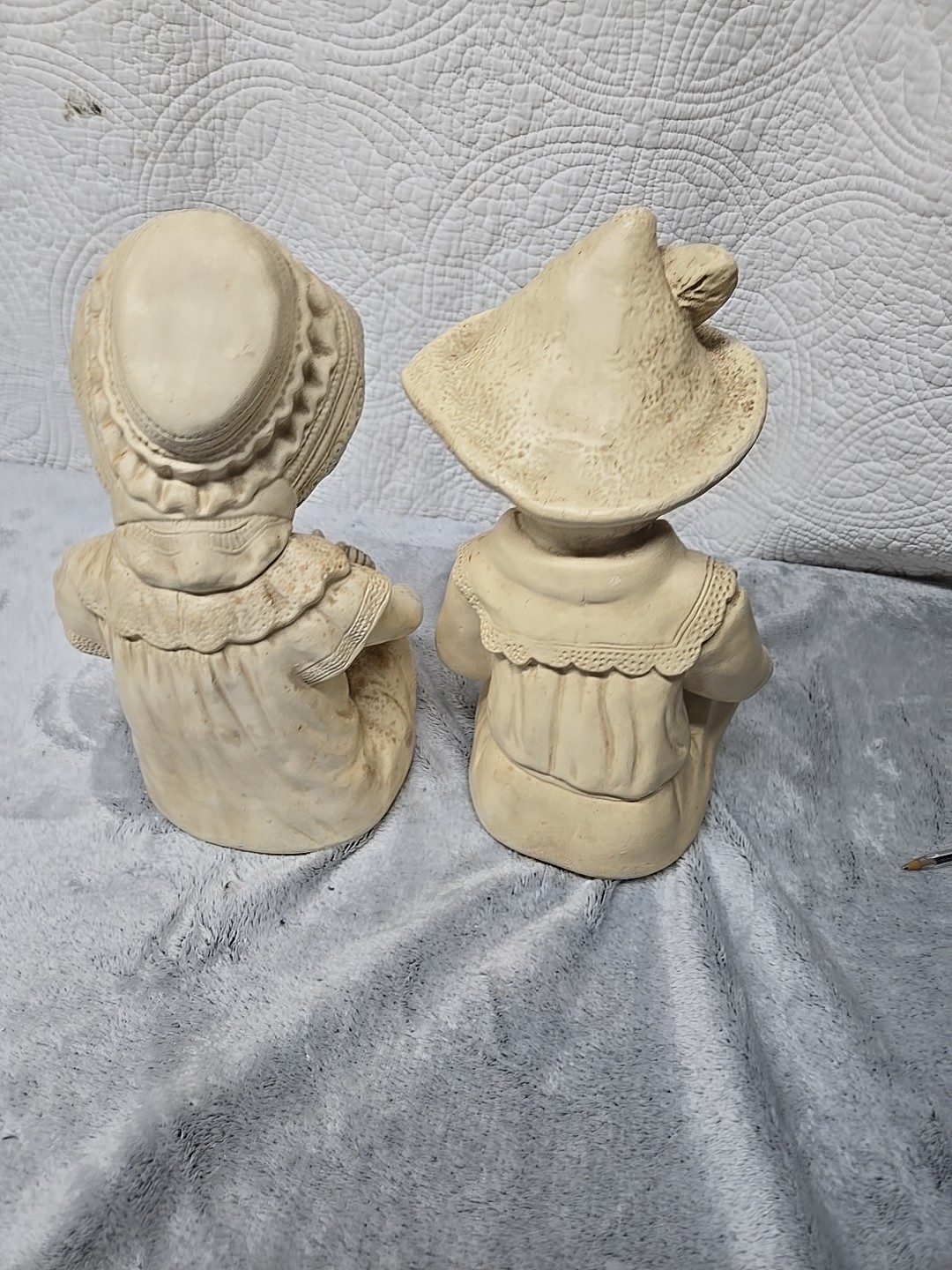 Pair Of Antique Chalkware Plaster Babies Girl/ Boy Alabaster