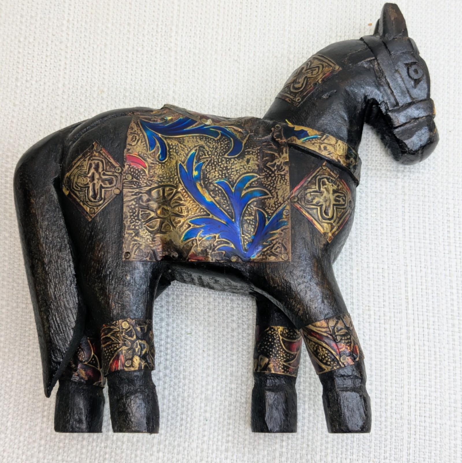 Vintage Mid 20th Century Hand Carved Wooden Horse With Hammered Copper, Brass 7″