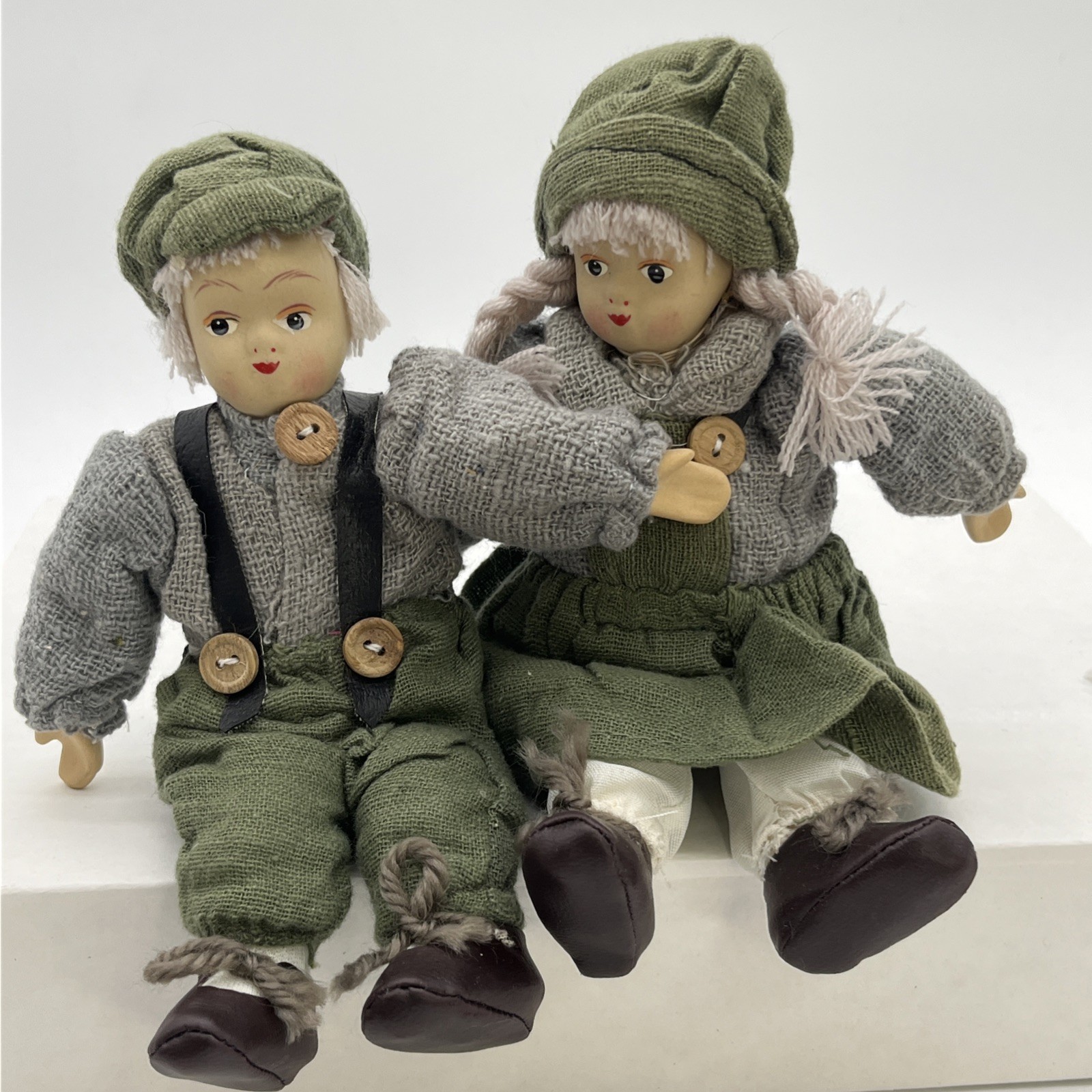 Vintage Boy & Girl Shelf Sitter Dolls Ceramic Face Hands Yarn Hair