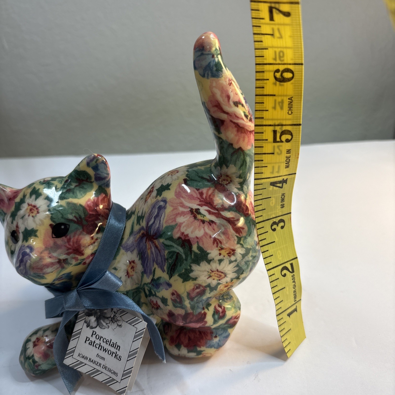 Hand Crafted Porcelain Patchworks Cat By Joan Baker Designs Kitty Kitten Floral