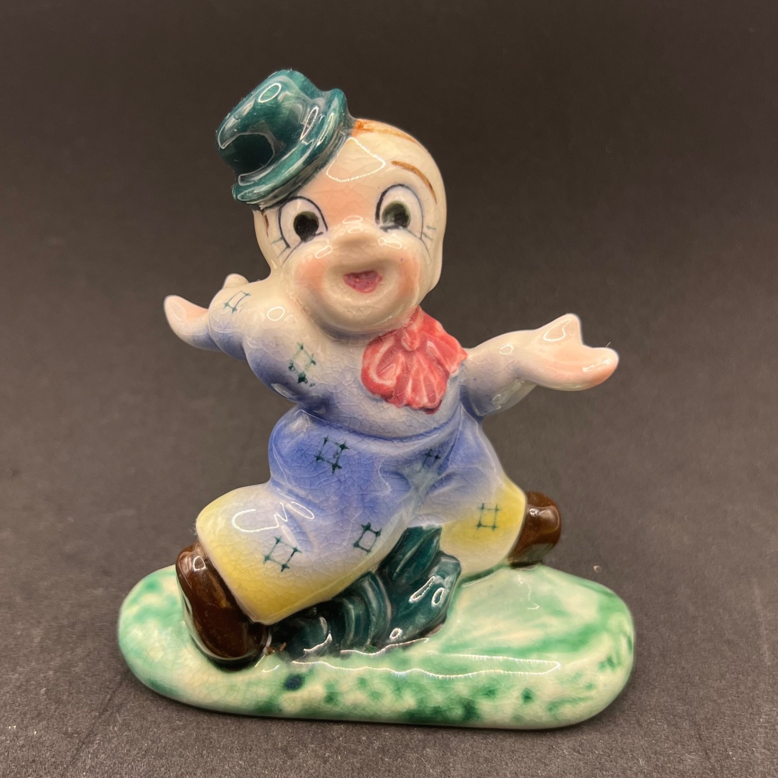 VTG Ceramic Clown Figurine Green Top Hat Blue Checkered Jumpsuit Japan Kitsch