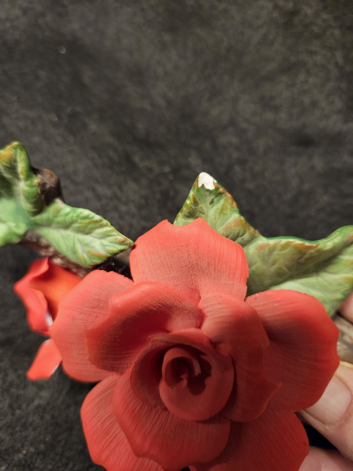 Vintage Porcelain Red Rose Figurine on Branch Hand Painted Matte Bisque Tiawan