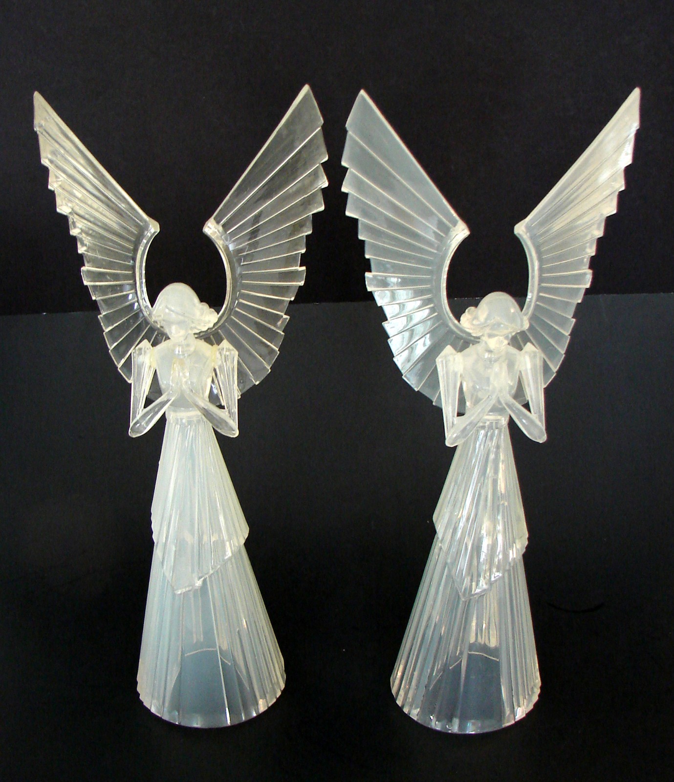 Pair of Lucite Acrylic Angel Figurines Clear Glossy Art Deco Sculptures 14 1/2″