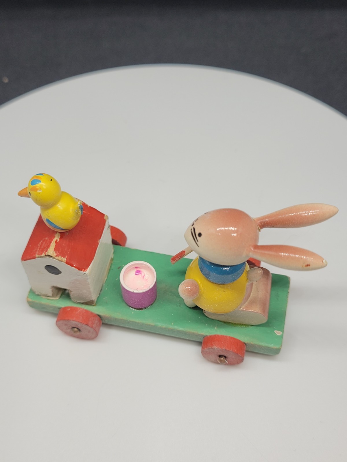 Vtg Goula Spain Wood Easter Figure Bunny Rabbit Paints Egg on Wheels Push Toy