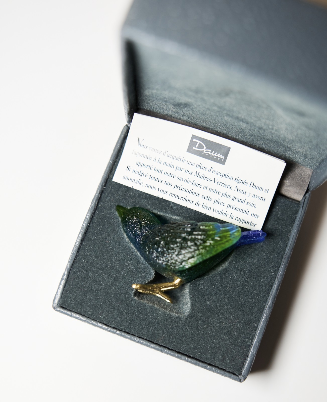Daum France Pâte-de-Verre Bird Green Blue Figurine w/ Gilt Bronze Feet – Signed