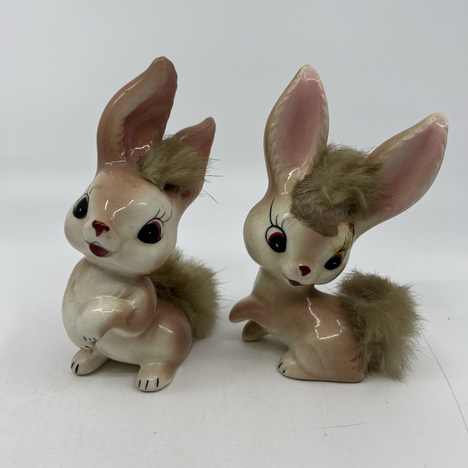 Set 2 VTG NORCREST (?) Anthropomorphic Pink Bunny Rabbits W/Fluffy Fur Tail READ
