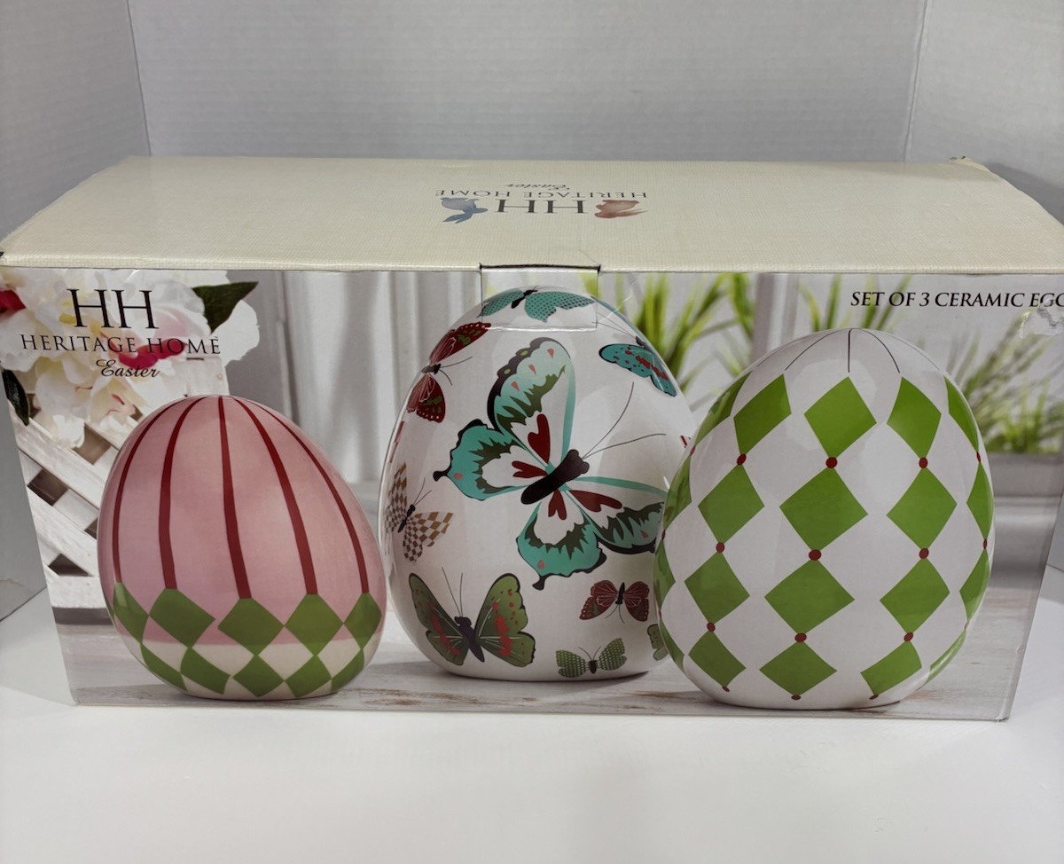 Grandin Road (style) Designer Easter Egg with Butterflies Geometric Shapes Set 3