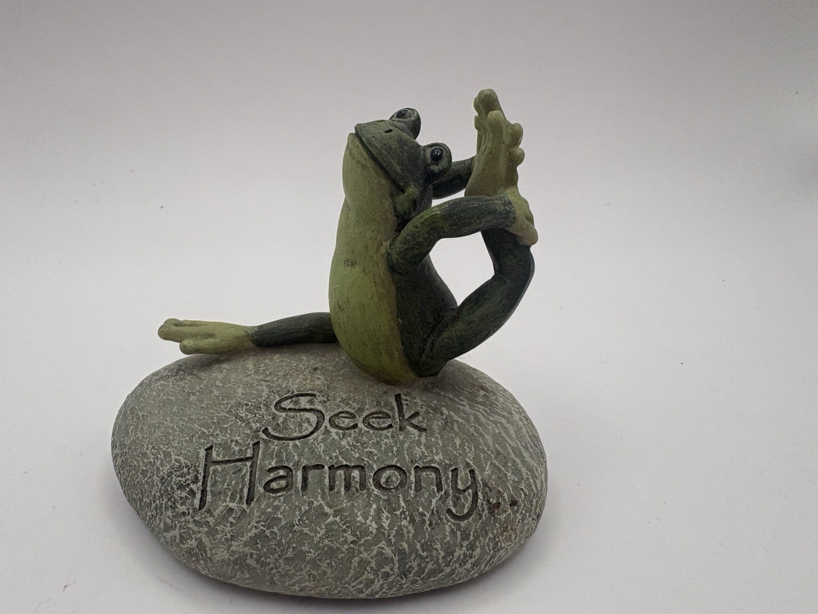 Frog Doing Yoga Pose on Seek Harmony Rock Anthropomorphic Figurine Zen Whimsical