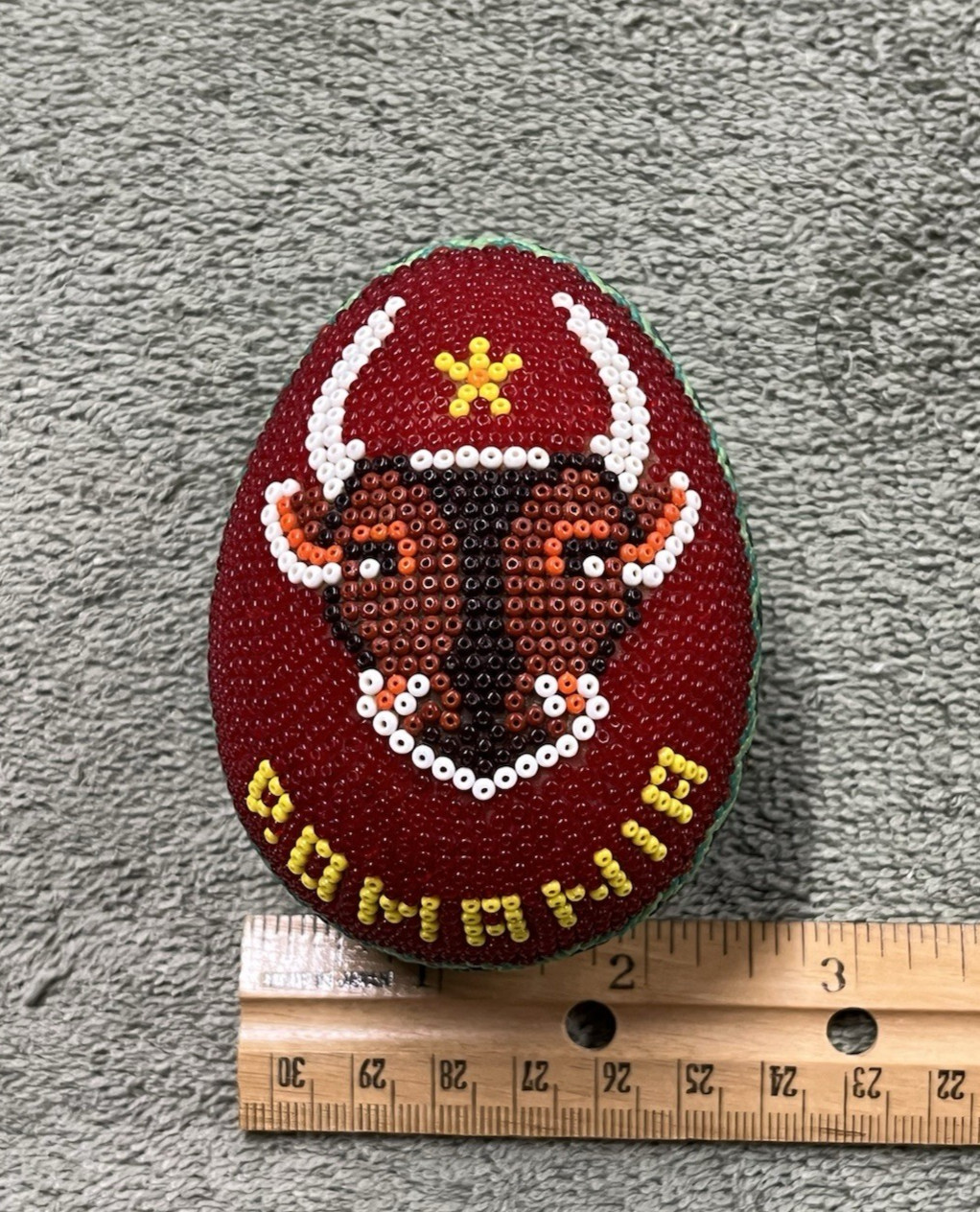 Large Romania Pysanka Glass Beaded Easter Egg Handmade Folk Art Bull Motif 3.5″