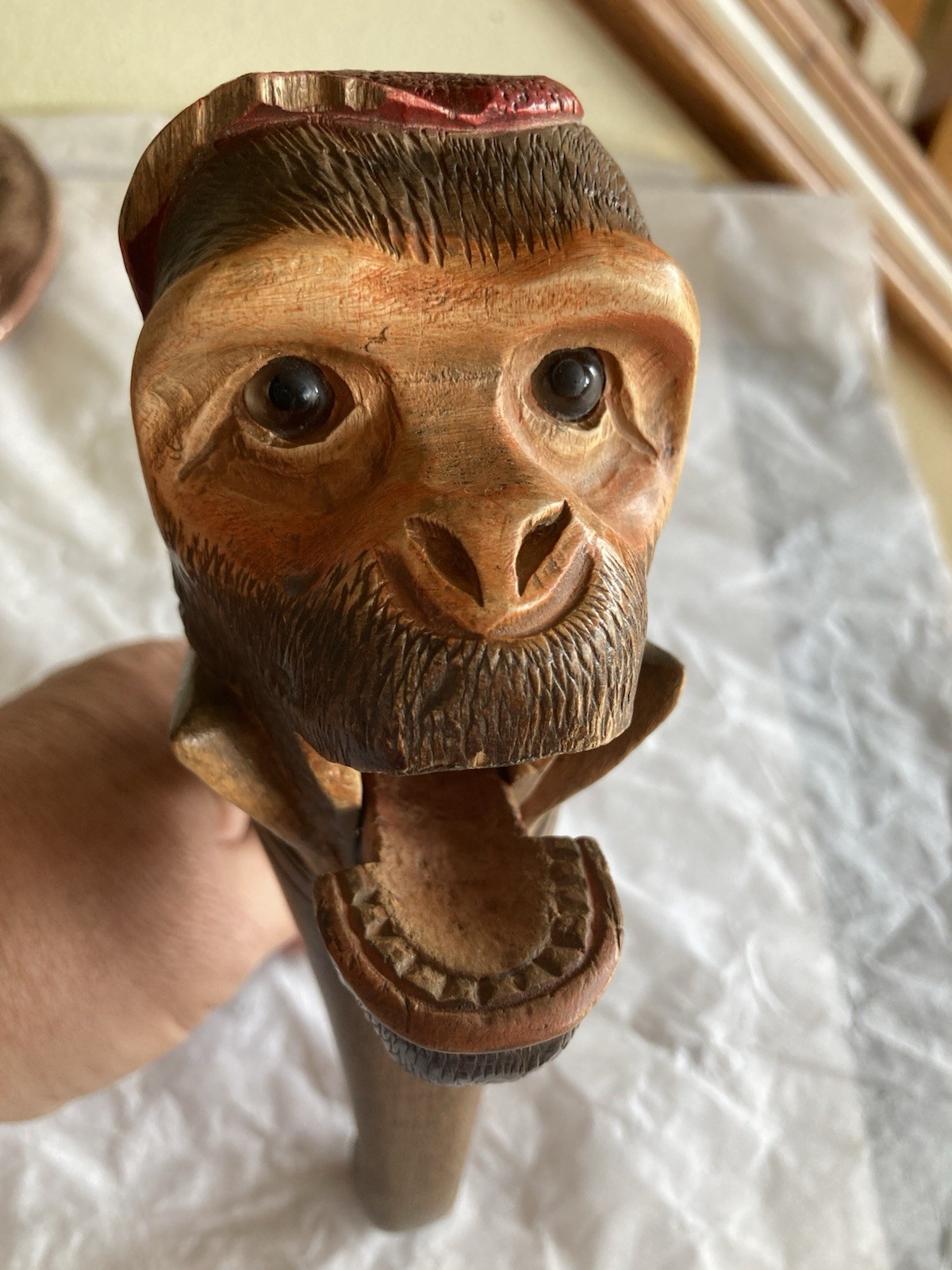 Vintage BLACK FOREST Swiss Carved Wood Ape With Collar & Glass Eyes NUTCRACKER