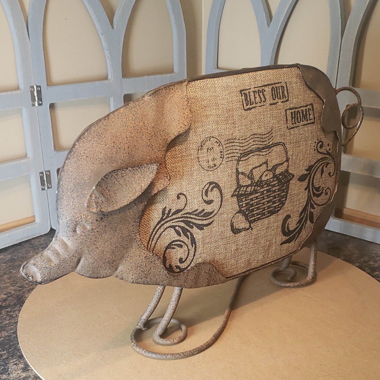 Metal Pig Figurine Freestanding Tabletop Decor “Bless Our Home” Rustic Painted