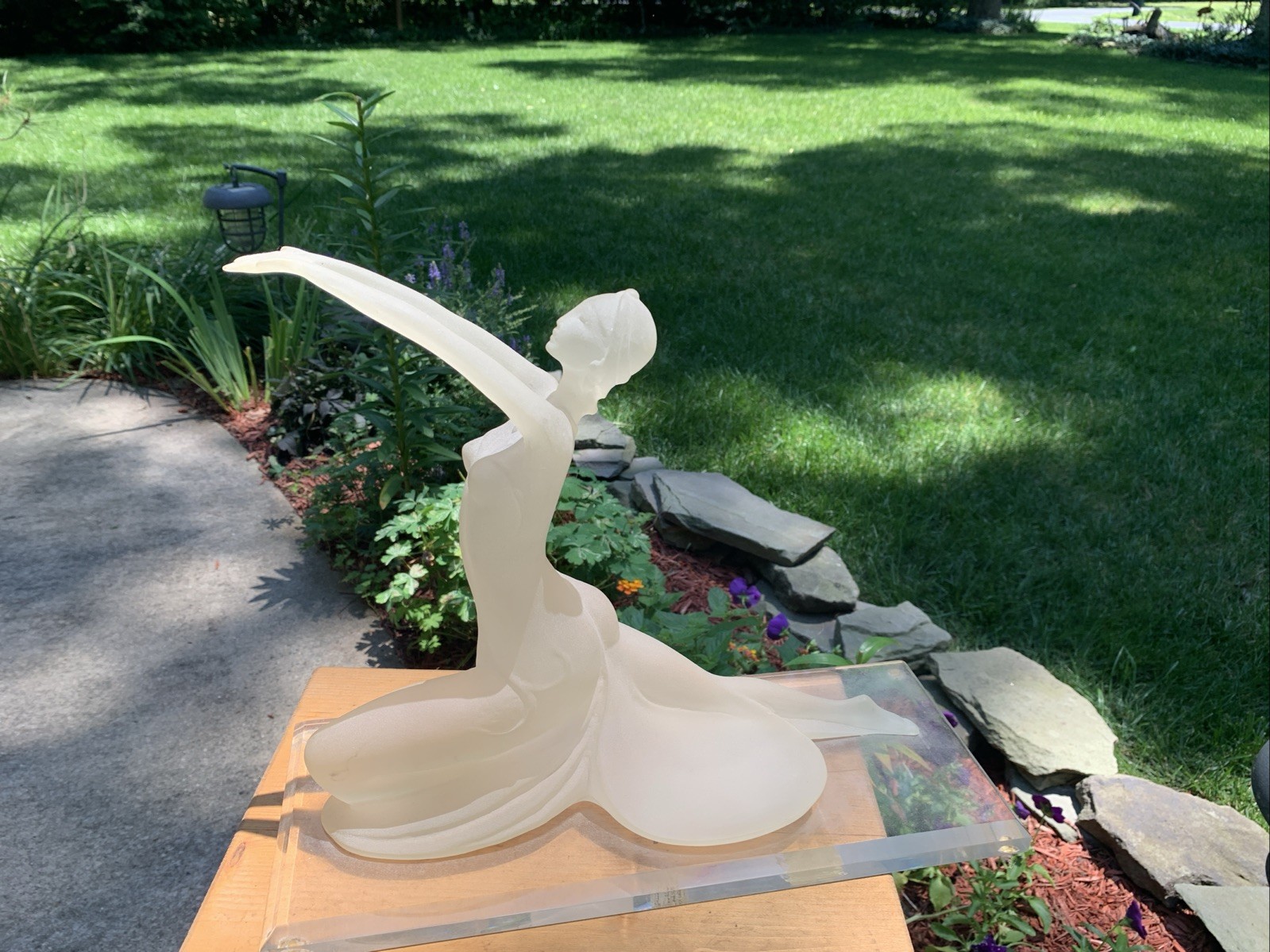 Vintage Crystallus 1989 Frosted Lucite Woman Sculpture on Clear Beveled Base 12″