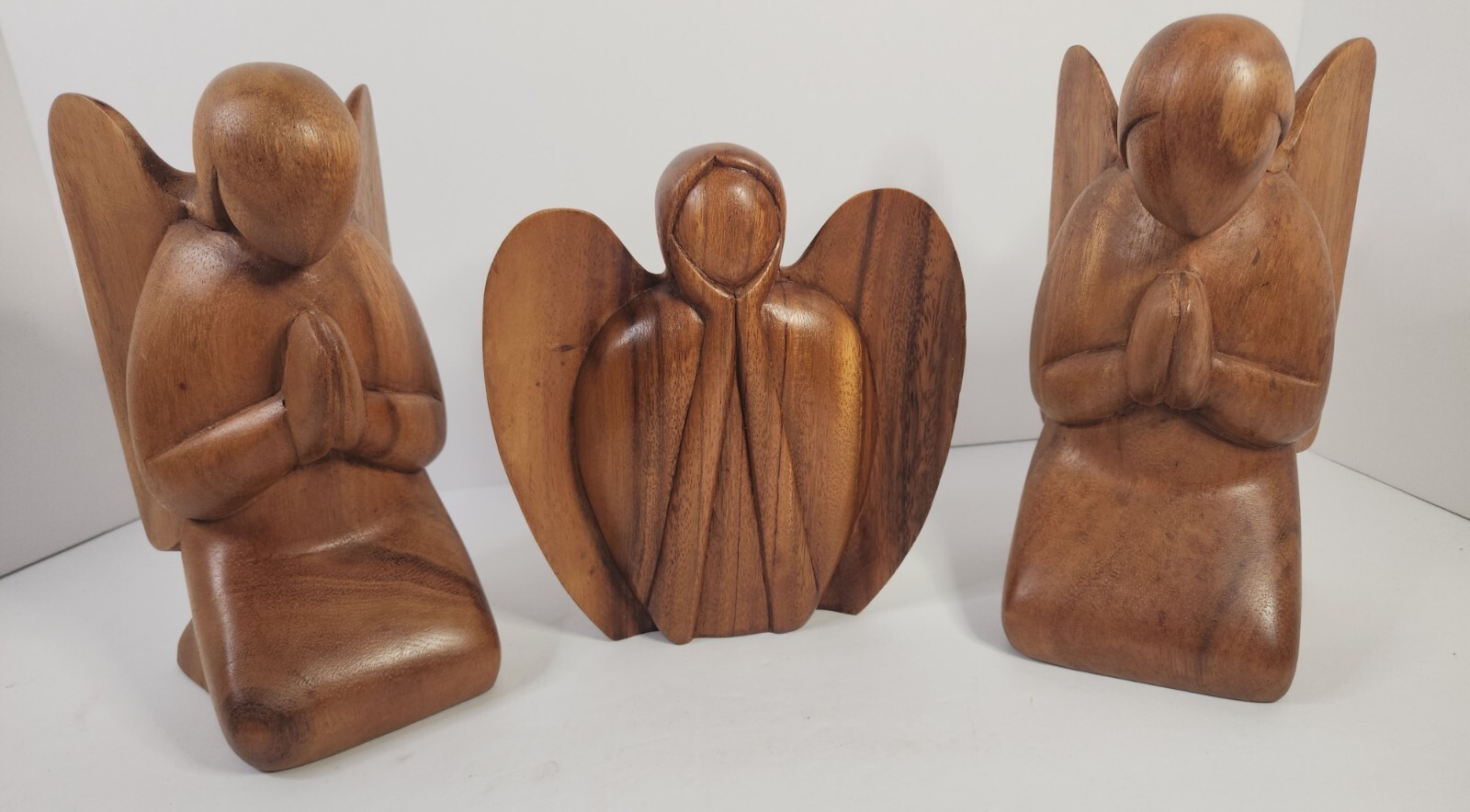 3 Novica Collection Hand Carved Wooden Angels/Watching/Praying/Indonesia