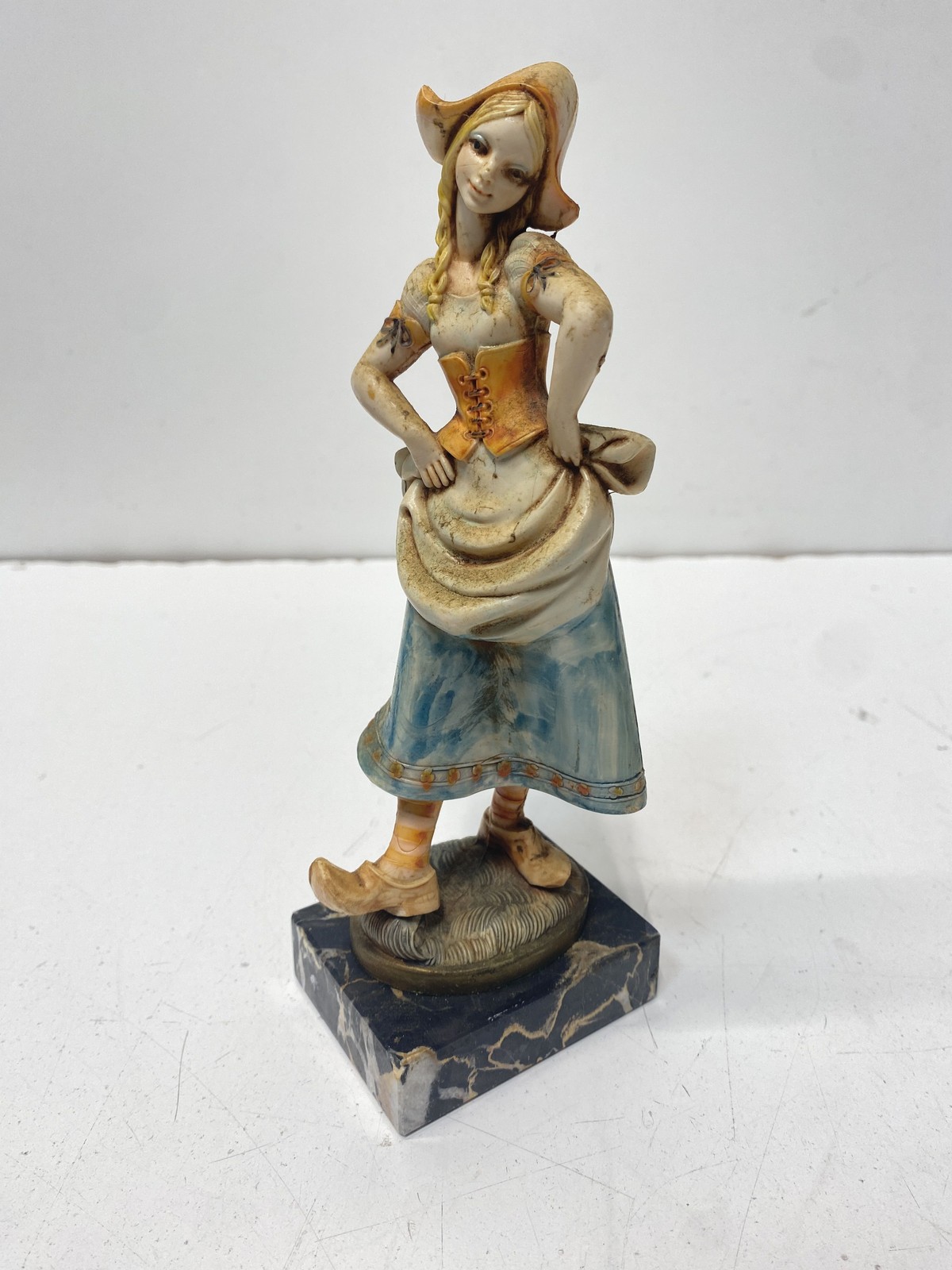 Vintage Italian Figurine Folk Girl on Genuine Carrara Marble Base