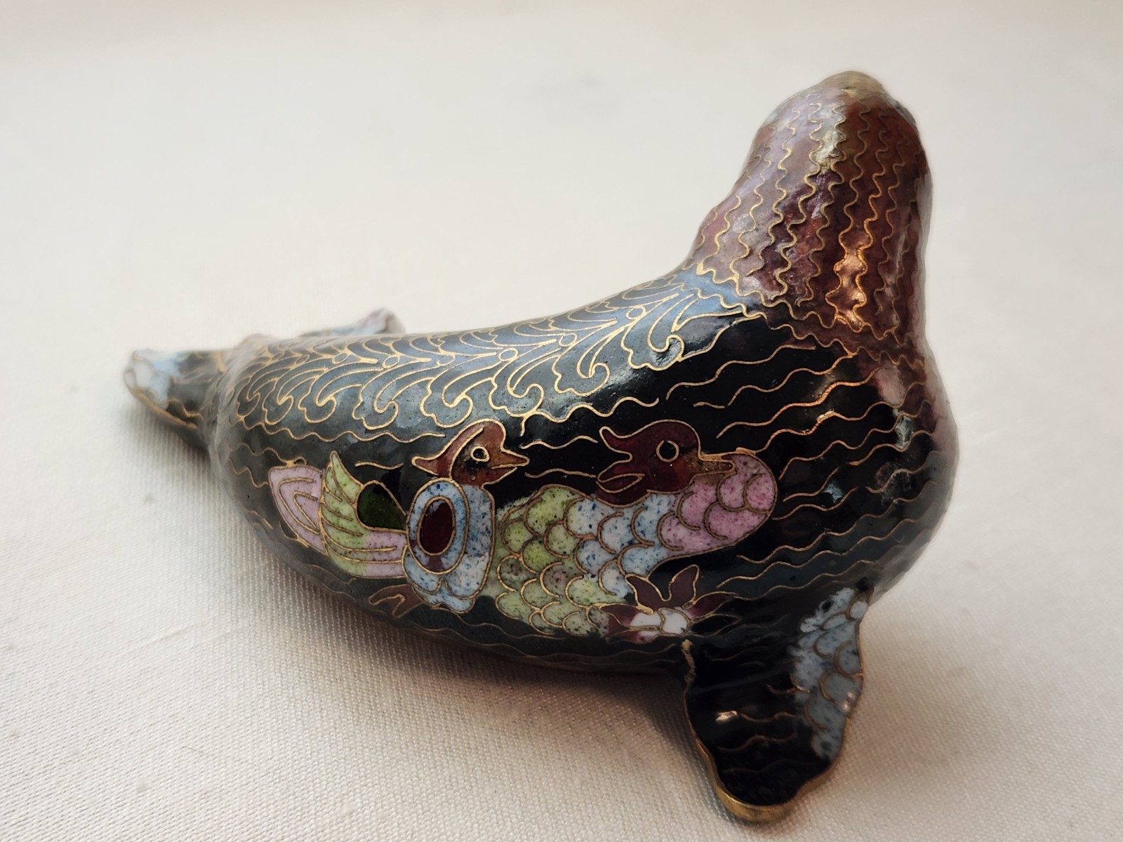 Cloisonne Seal Sea Lion Wood Pedastal Stand Excellent Condition Black Brown Gold