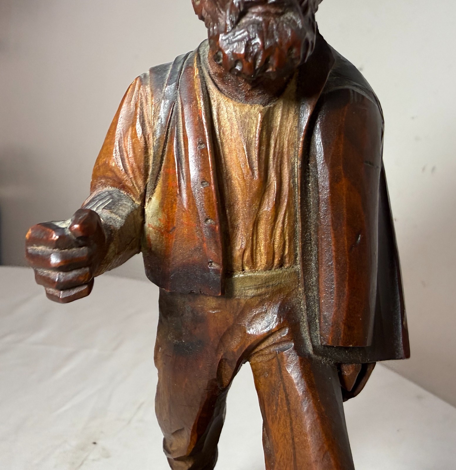 Finely carved antique 19th century German man hobo bum wood sculpture statue