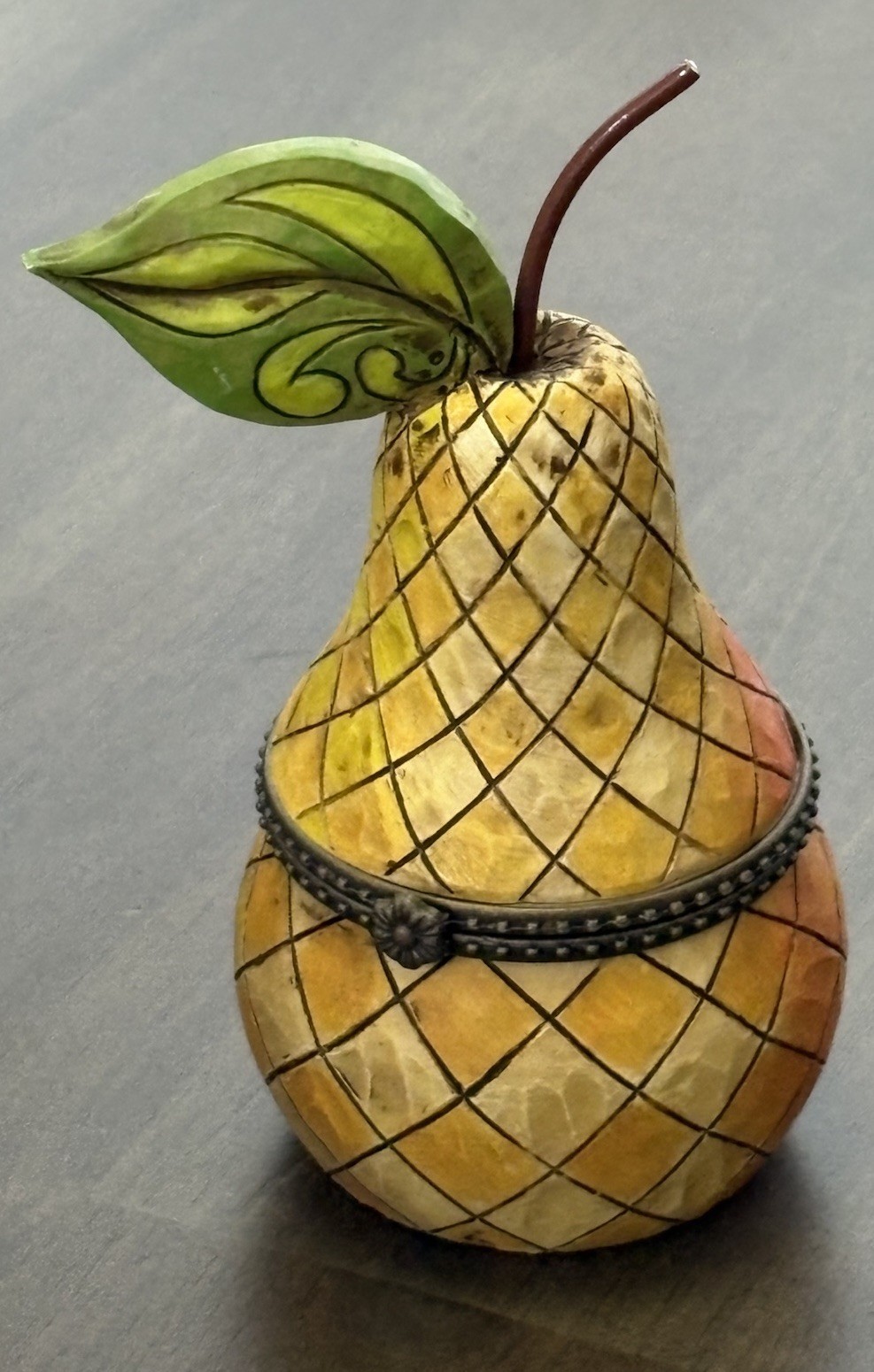 Jim Shore Designs 2006 Heartwood Creek Quilted 4″ Hinged Golden Pear Trinket Box