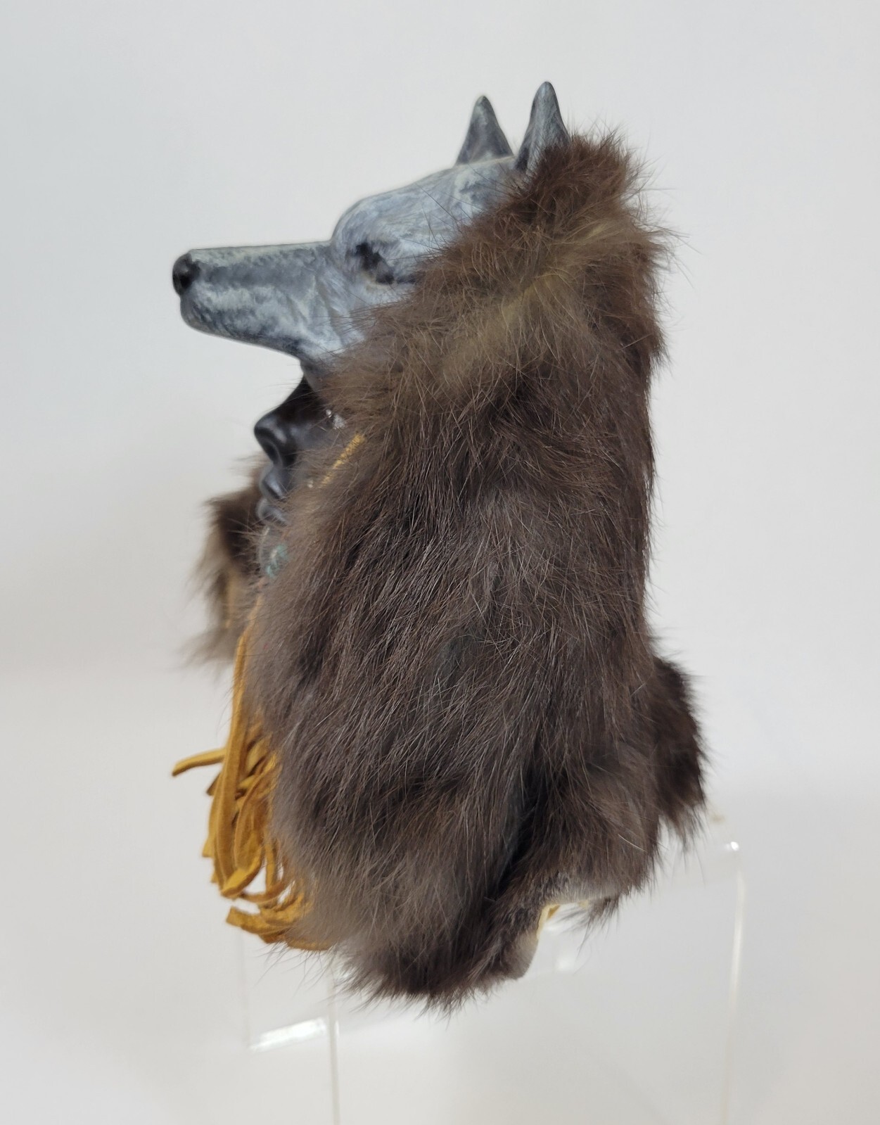 Indigenous tribal bust wolf headdress ceramic fur lining statue leather tassles