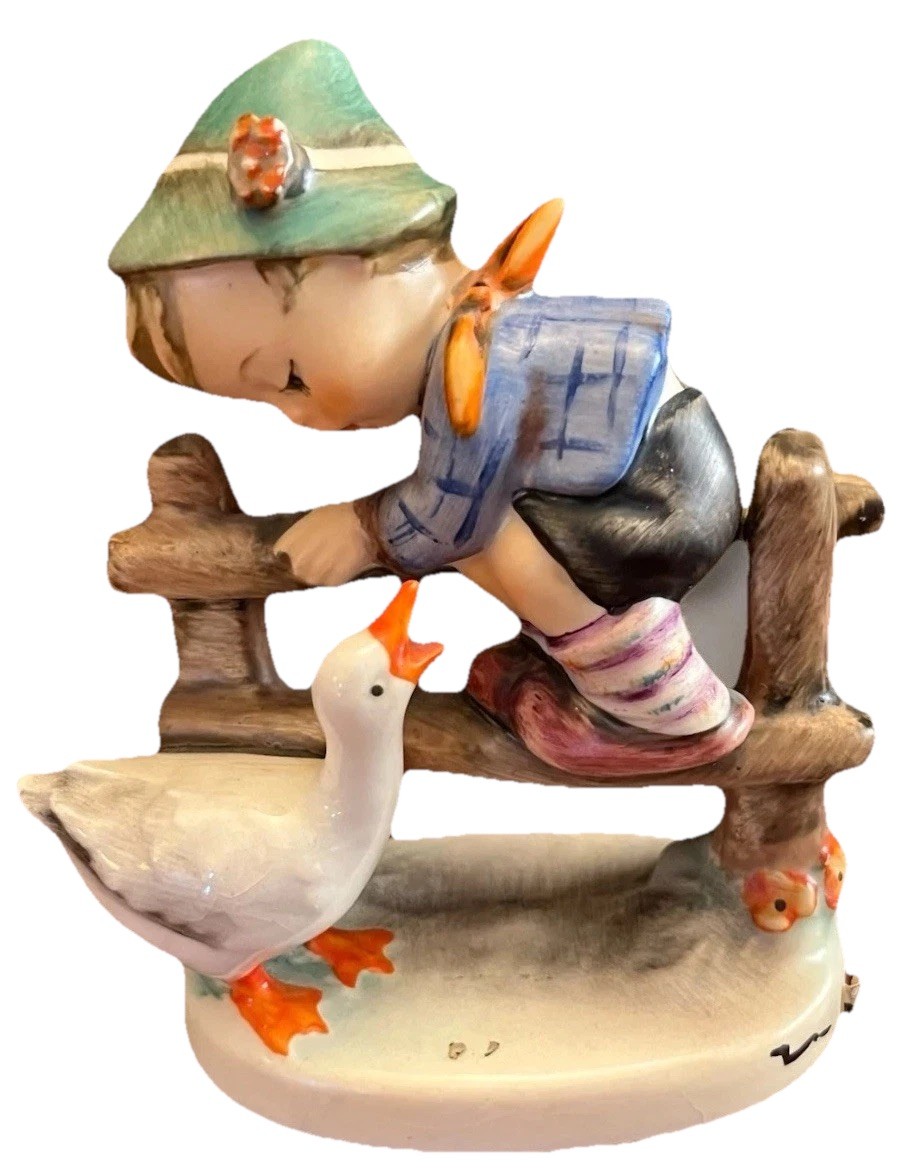 Goebel HUMMEL Figurine BARNYARD HERO Boy On Fence W/Goose 195 2/0 Germany 4 1/4”