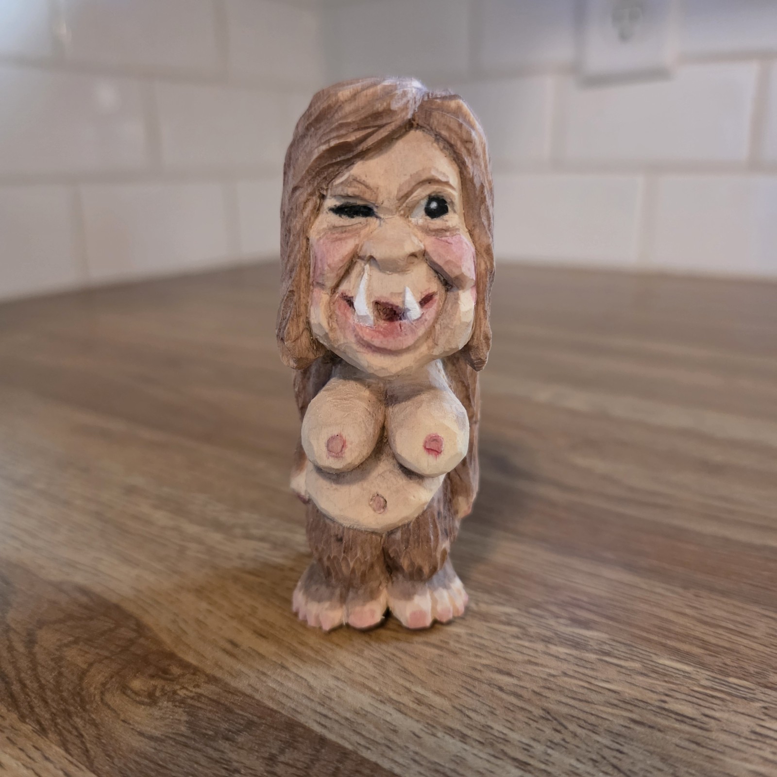 Henning Style Carved Wooden 4″ Female Sasquatch FIGURINE