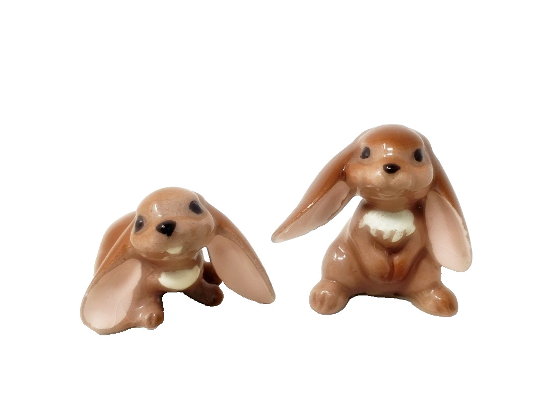Pair of Hagen-Renaker Mini Lop Eared Brown Bunny Rabbits – Standing & Lying Down